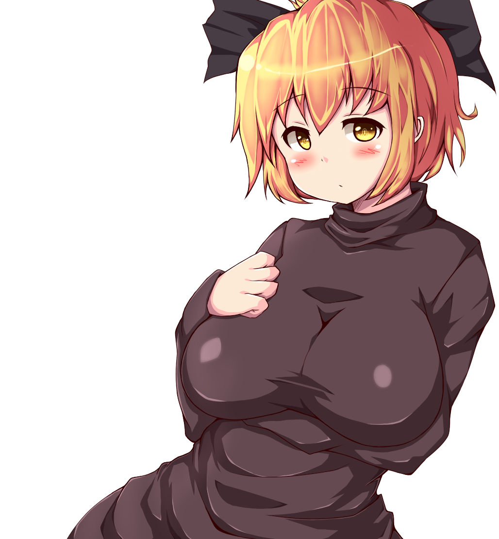 arm_up bad_id bad_pixiv_id blonde_hair blush bow breasts hair_bow hand_on_own_chest huge_breasts kurodani_yamame moisture_(chichi) solo sweater touhou yellow_eyes