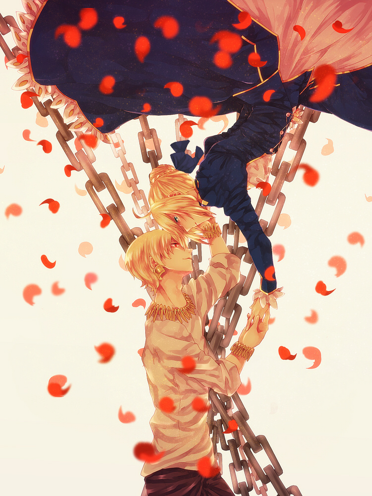 1girl ahoge artoria_pendragon_(all) bad_id bad_pixiv_id blonde_hair blue_eyes bracelet casual chain dress fate/zero fate_(series) gilgamesh hair_ribbon hand_on_another's_face jewelry necklace petals red_eyes ribbon saber upside-down white_background xxxka66