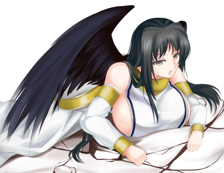1girl angel angel_wings bare_shoulders black_eyes black_hair black_wings breasts cube_(circussion) female huge_breasts jewelry lots_of_jewelry lying mabinogi morrighan no_bra on_stomach open_mouth sideboob simple_background solo tabard white_background wings