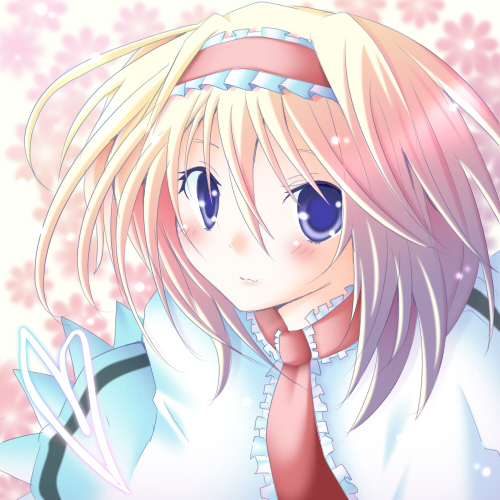 alice_margatroid bad_id bad_pixiv_id blonde_hair blue_eyes blush colorized heart looking_at_viewer lowres meiya_neon solo touhou