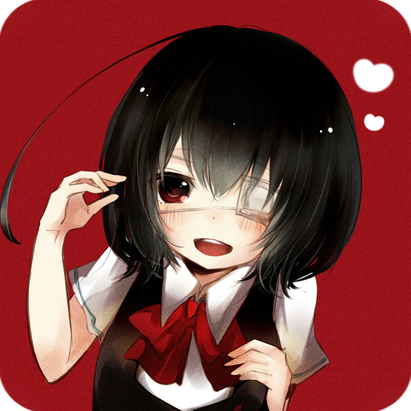 :d another black_hair blush bow eyepatch heart misaki_mei open_mouth red_eyes school_uniform short_hair smile solo yuuyake_namihira