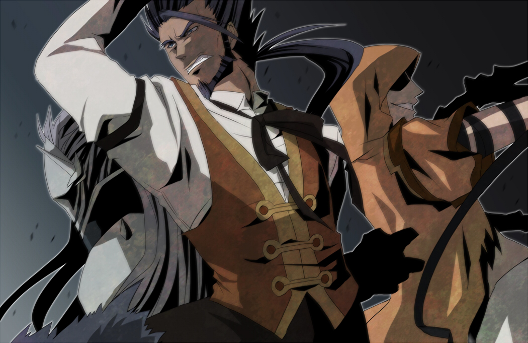 3boys arc_system_works artist_request blazblue blazblue:_calamity_trigger butler fang grey_hair hakumen kisaragi_jin long_hair male male_focus mask multiple_boys necktie ribbon smile tie valkenhayn_r_hellsing werewolf yuuki_terumi