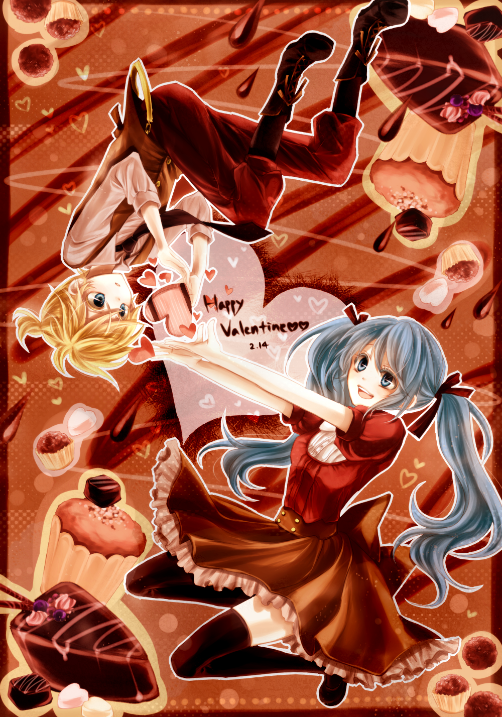 1girl aqua_eyes aqua_hair blonde_hair chocolate dress gomokusoba hair_ribbon happy_valentine hatsune_miku heart highres kagamine_len long_hair necktie open_mouth outstretched_arms ribbon thighhighs twintails upside-down valentine very_long_hair vocaloid