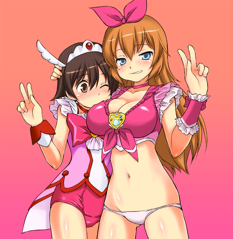 adapted_costume blue_eyes blush breast_biting breasts brooch brown_eyes brown_hair charlotte_e_yeager choker cleavage cosplay cure_happy cure_happy_(cosplay) cure_melody cure_melody_(cosplay) fukuen_misato heart jewelry koshimizu_ami large_breasts long_hair magical_girl mirutsu_(milts) miyafuji_yoshika multiple_girls one_eye_closed orange_hair panties pink_choker precure revealing_clothes school_swimsuit seiyuu_connection short_hair smile_precure! strike_witches suite_precure swimsuit tiara underwear v white_panties world_witches_series