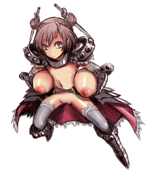 ao_usagi armor between_breasts breast_lift breasts brown_eyes brown_hair disembodied_limb double_bun dullahan flat_chest hair_ornament huge_breasts no_panties nude oppai_ball original pussy simple_background solo sword thighhighs weapon