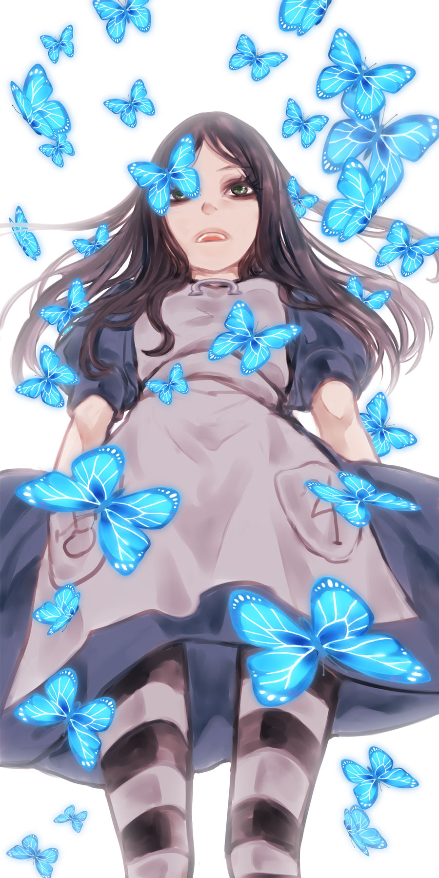 alice:_madness_returns alice_(wonderland) american_mcgee's_alice bug butterfly dress green_eyes harumai highres insect jupiter_symbol open_mouth pantyhose solo striped uranus_symbol