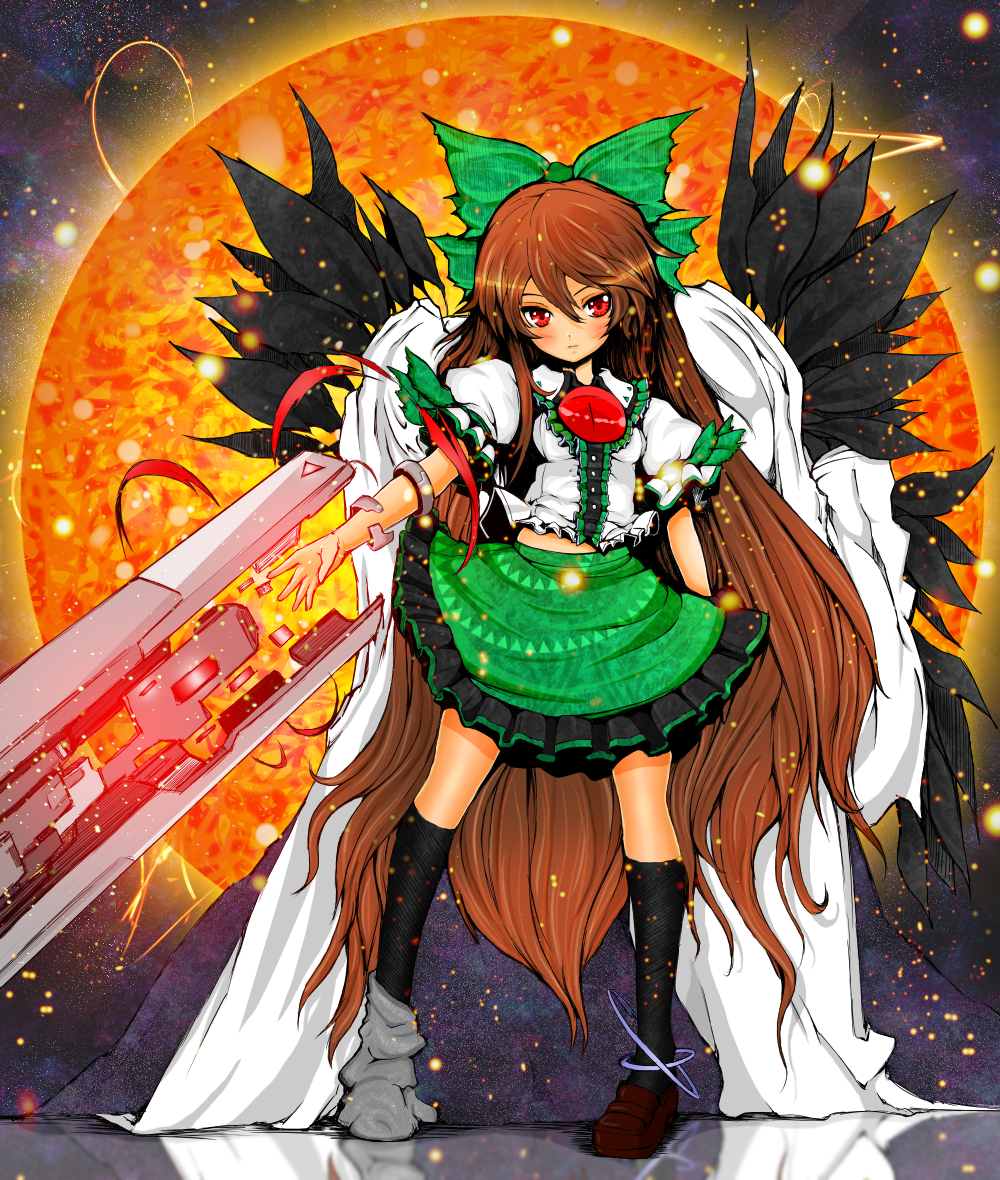 alternate_weapon arm_cannon black_wings bow brown_hair cape colorized concrete hair_bow lights long_hair midriff mismatched_footwear outstretched_arm rainney red_eyes reflective_floor reiuji_utsuho shirt shishigami_(sunagimo) skirt solo sun third_eye touhou very_long_hair weapon wings
