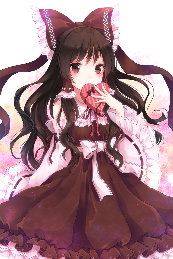 adapted_costume alternate_costume bad_id bad_pixiv_id bow box brown_eyes brown_hair chocolate covering_mouth detached_sleeves dress frilled_sleeves frills gift hair_bow hair_tubes hakurei_reimu heart heart-shaped_box long_hair nunucco ribbon solo touhou valentine