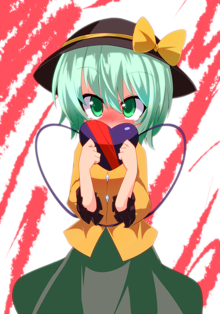 blush covering_mouth gift green_eyes green_hair hat hat_ribbon heart heart_of_string komeiji_koishi okumari ribbon shirt short_hair skirt solo tears touhou valentine