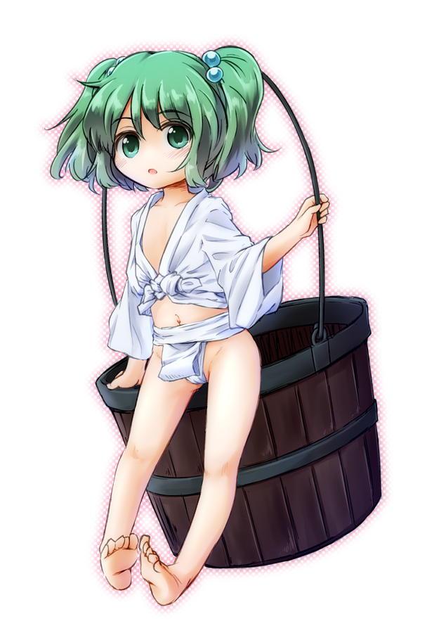 barefoot blush bucket child feet flat_chest front-tie_top fundoshi green_eyes green_hair hair_bobbles hair_ornament japanese_clothes kisume navel shirt solo tec tied_shirt toes touhou twintails wooden_bucket yamakasa