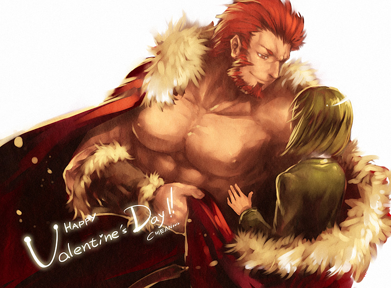 androgynous beard cape chiean facial_hair fate/zero fate_(series) green_hair male_focus manly multiple_boys muscle red_eyes red_hair rider_(fate/zero) shirtless waver_velvet