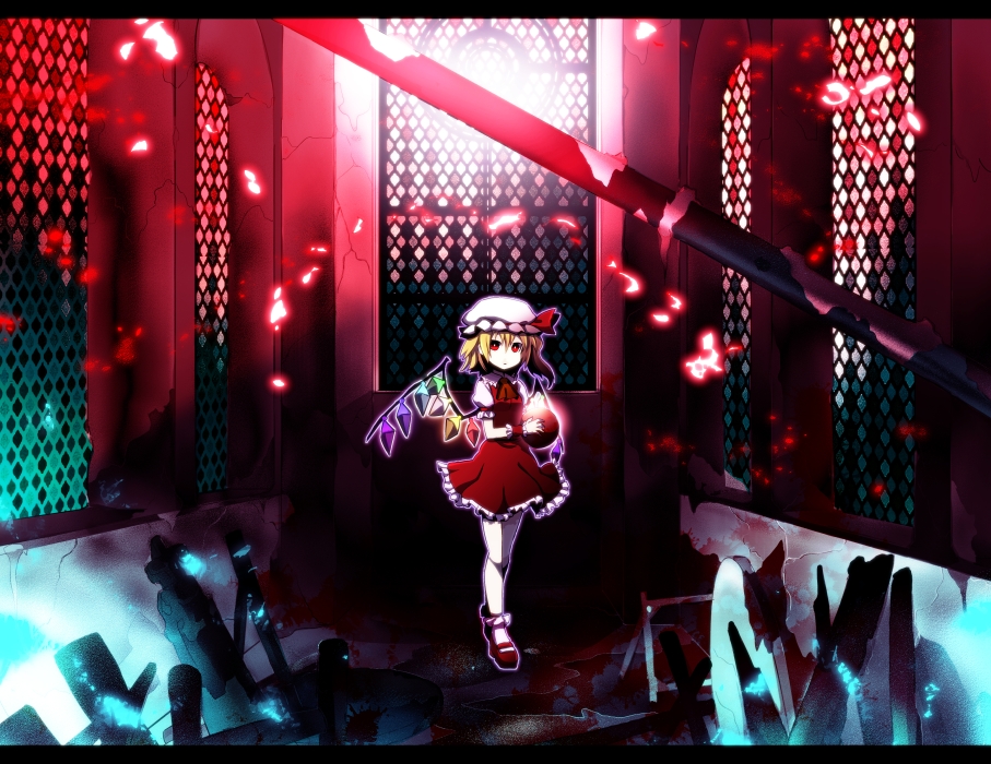 ascot bad_id bad_pixiv_id ball blonde_hair bow dress flandre_scarlet frills gem hat hat_bow letterboxed looking_at_viewer red_eyes side_ponytail solo touhou wings wrist_cuffs zen_o