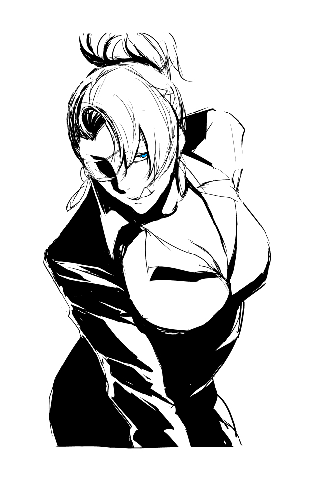 bad_id bad_pixiv_id bangs banned_artist blue_eyes breasts cleavage earrings eyepatch formal greyscale hair_up jewelry large_breasts leaning_forward licking_lips mature_(kof) monochrome pant_suit ponytail s_tanly spot_color suit the_king_of_fighters tongue tongue_out