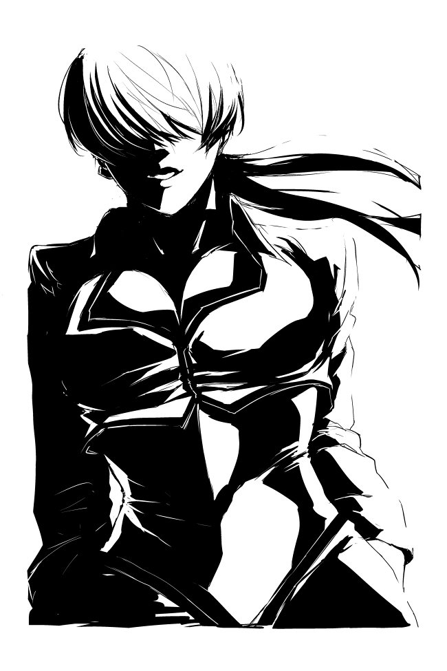 bad_id bad_pixiv_id banned_artist breasts cleavage earrings greyscale hair_over_eyes jewelry large_breasts long_hair monochrome ponytail s_tanly shermie solo split_ponytail the_king_of_fighters
