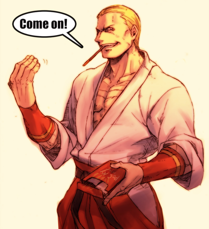 blonde_hair carton dougi fatal_fury food geese_howard hakama itkz_(silentknight) japanese_clothes male_focus mouth_hold pectorals pocky red_hakama solo text_focus the_king_of_fighters vambraces