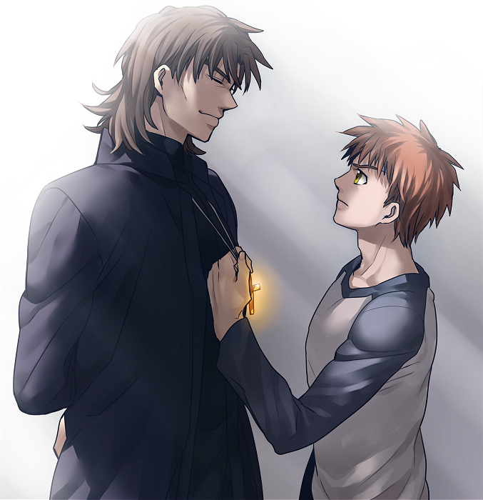 bad_id bad_pixiv_id brown_hair cassock closed_eyes coat cross cross_necklace emiya_shirou fate/stay_night fate_(series) jewelry kotomine_kirei male_focus mullet multiple_boys necklace raglan_sleeves red_hair smile yellow_eyes zihad