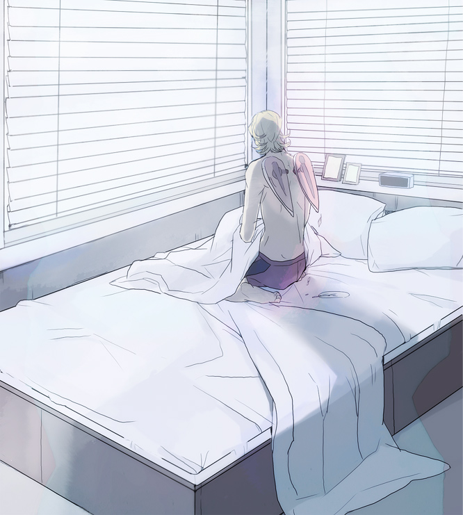 back barefoot barnaby_brooks_jr bed blanket blinds blonde_hair boxers from_behind male_focus male_underwear mechanical_wings muted_color pillow sitting solo superhero tiger_&amp;_bunny underwear wariza wings yukita819
