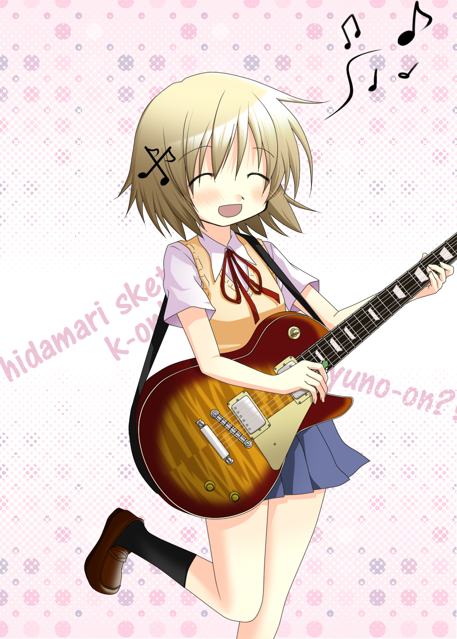 aozora_(syun8823) bad_id bad_pixiv_id beamed_eighth_notes brown_hair closed_eyes company_connection cosplay eighth_note guitar hair_ornament half_note hidamari_sketch highres instrument k-on! manga_time_kirara musical_note musical_note_hair_ornament parody quarter_note school_uniform smile solo sweater_vest ume-sensei yuno