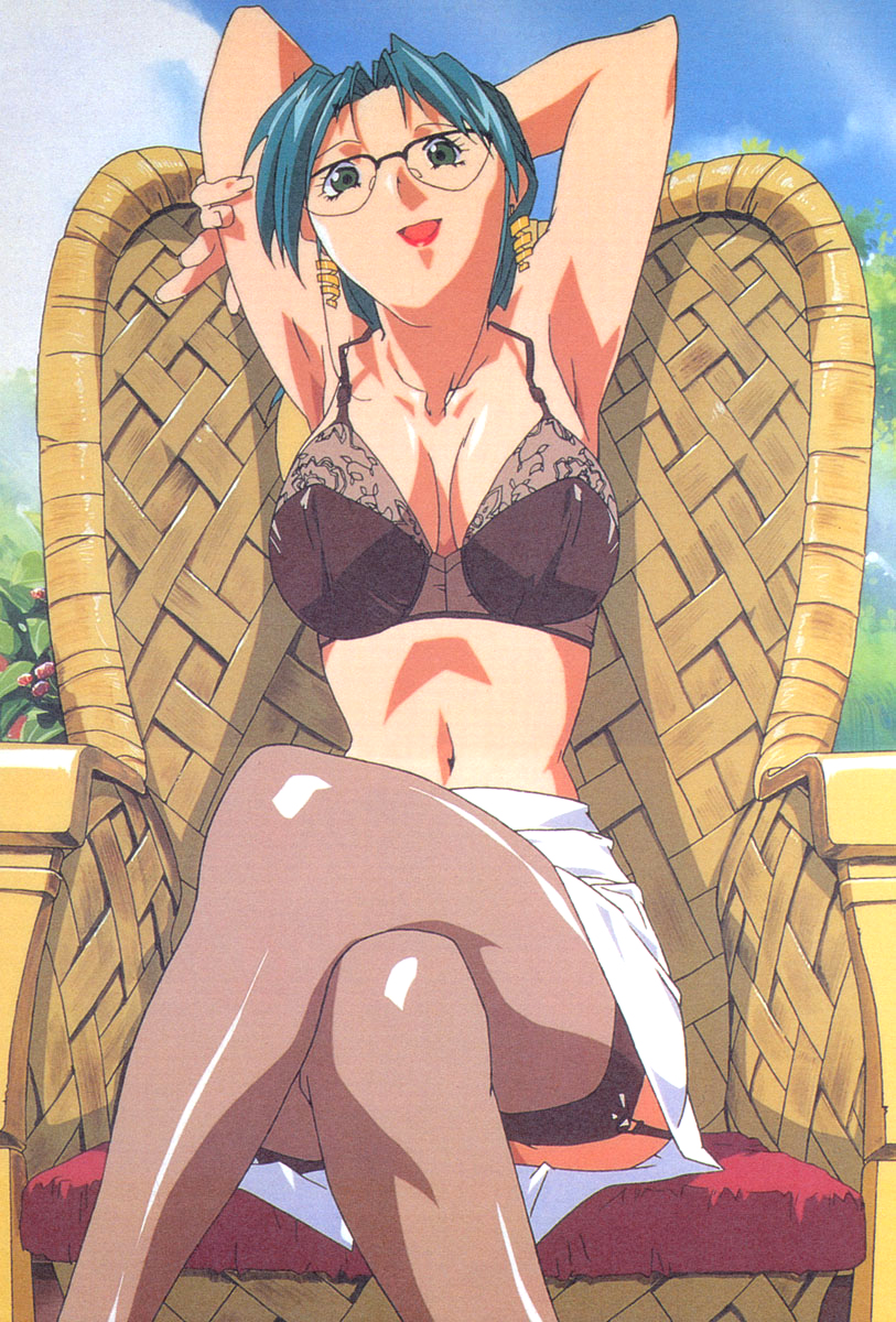 armpits arms_up chair crossed_legs day earrings garter_straps glasses green_eyes green_hair highres jewelry lingerie lipstick makeup navel open_mouth outdoors randou_serika short_hair sitting solo super_real_mahjong tanaka_ryou thighhighs underwear