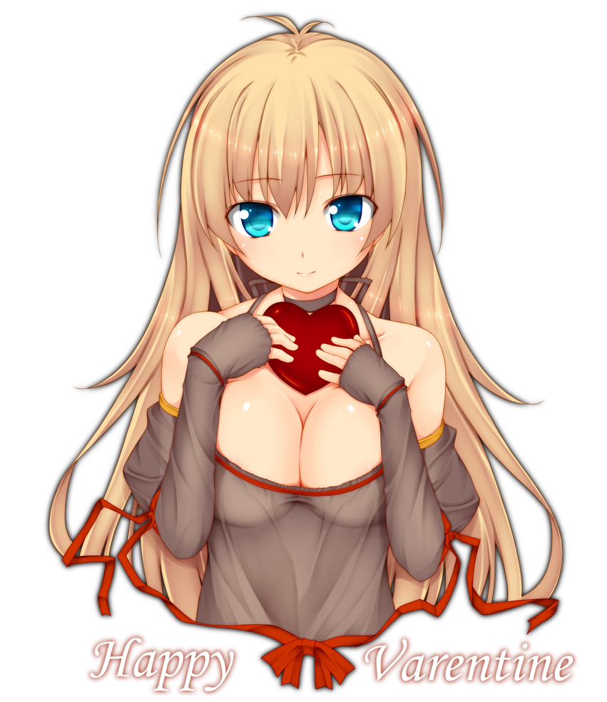 aqua_eyes bare_shoulders big_wednesday blonde_hair breasts choker cleavage detached_sleeves engrish happy_valentine heart large_breasts long_hair looking_at_viewer original ranguage sleeves_past_wrists solo upper_body valentine