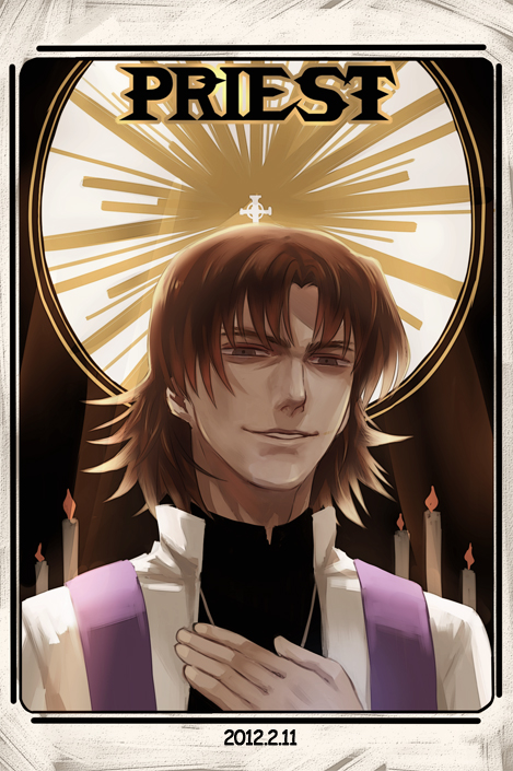2012 bad_id bad_pixiv_id bangs brown_eyes brown_hair candle cassock cross dated fate/stay_night fate_(series) halo hand_on_own_chest jewelry kotomine_kirei male_focus necklace priest ribbon solo stole sun surplice yunvshen