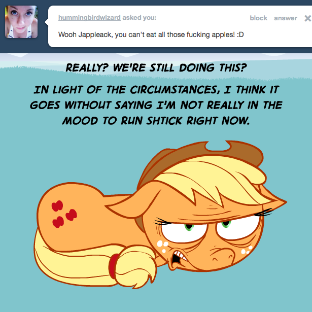applejack_(mlp) ask_jappleack blonde_hair cutie_mark english_text equine female feral friendship_is_magic green_eyes hair hat horse hotdiggedydemon looking_at_viewer mammal my_little_pony pony tail text tumblr