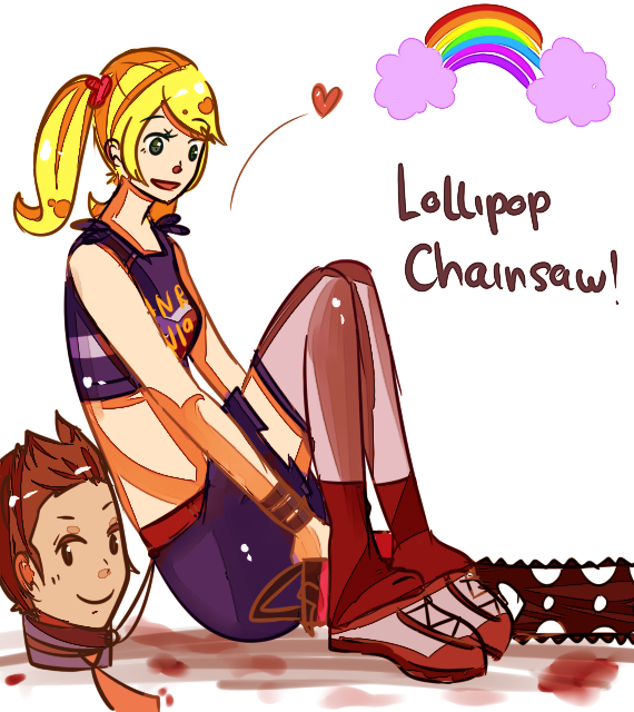 1boy 1girl blonde_hair blood brown_hair chainsaw cheerleader clothes_writing couple crop_top grasshopper_manufacture heart juliet_starling juliet_sterling leg_warmers lollipop_chainsaw long_hair midriff miniskirt necktie nick_carlyle rainbow severed_head shoes short_hair sitting skirt smile sneakers thighhighs twintails wristband