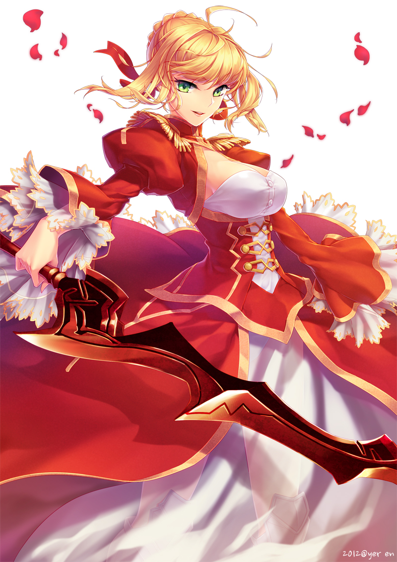 2012 aestus_estus ahoge artist_name blonde_hair breasts buttons center_opening cleavage dress epaulettes fate/extra fate_(series) greaves green_eyes hair_ribbon holding lace lace-trimmed_skirt lace-trimmed_sleeves large_breasts nero_claudius_(fate) nero_claudius_(fate)_(all) petals puffy_sleeves red_dress red_ribbon ribbon see-through simple_background skirt smile solo sword weapon white_background yeruen