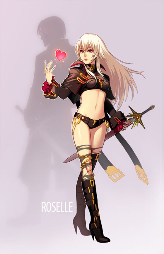 airuko boots chain coat duplicate frantz_kruger heart high_heels knee_boots lips long_hair midriff navel pink_eyes roselle_vergerius rusty_hearts shoes silhouette smile solo standing sword weapon white_hair