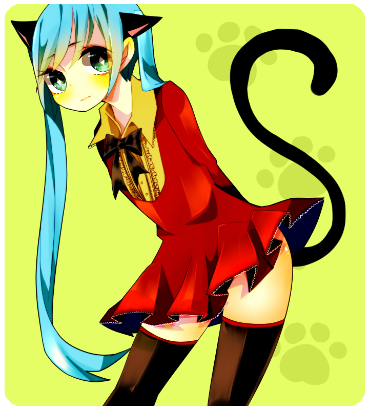 animal_ears aqua_hair arms_behind_back bad_id bad_pixiv_id bow bowtie cat_ears cat_tail dress green_eyes hatsune_miku long_hair solo tail thighhighs twintails uomiya_naname very_long_hair vocaloid