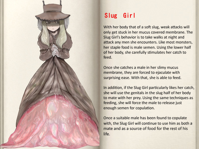 1girl character_profile dress hard_translated hat headgear mon-musu_quest! monster_girl puffy_sleeves slug slug_girl solo text translated