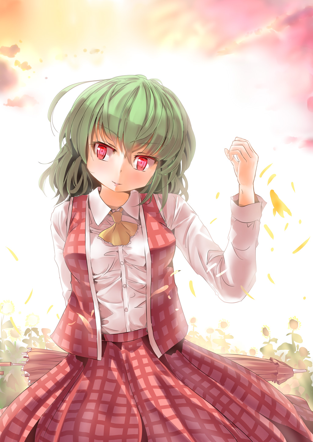 arm_behind_back arm_up ascot bad_id bad_pixiv_id breasts culter flower green_hair highres kazami_yuuka open_mouth plaid plaid_skirt plaid_vest red_eyes shirt short_hair skirt sky small_breasts smile solo sunflower touhou umbrella vest