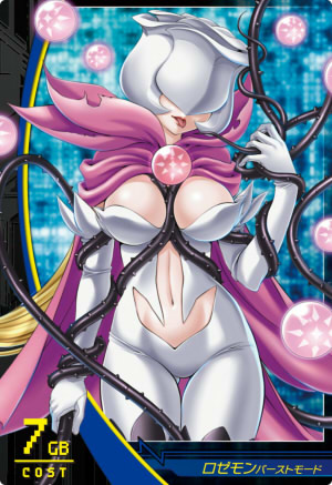 blonde_hair breasts cape card digimon digimon_jintrix elbow_gloves gloves long_hair lowres midriff navel orb rosemon rosemon_burst_mode solo thorns tongue whip