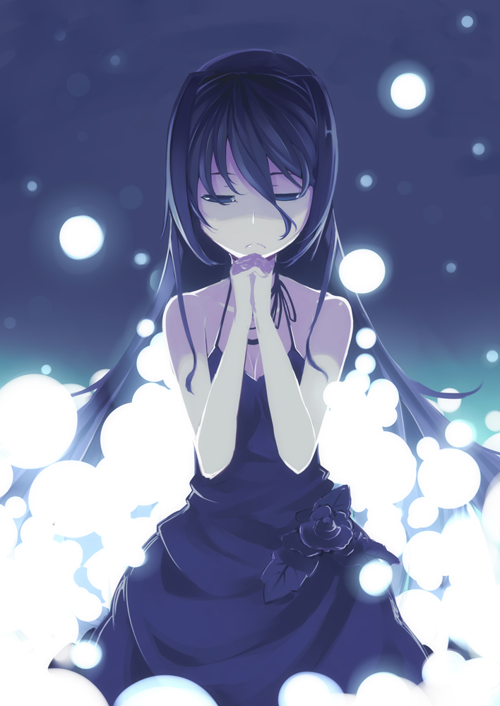 bare_shoulders black_dress black_eyes black_hair breasts cleavage dress flower hairband halterneck hands_clasped long_hair original own_hands_together rca small_breasts solo