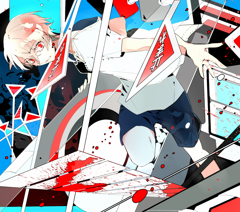 amamiya_hibiya blood hood hoodie kagerou_days_(vocaloid) kagerou_project male_focus red_eyes road_sign shorts sign solo suou vocaloid