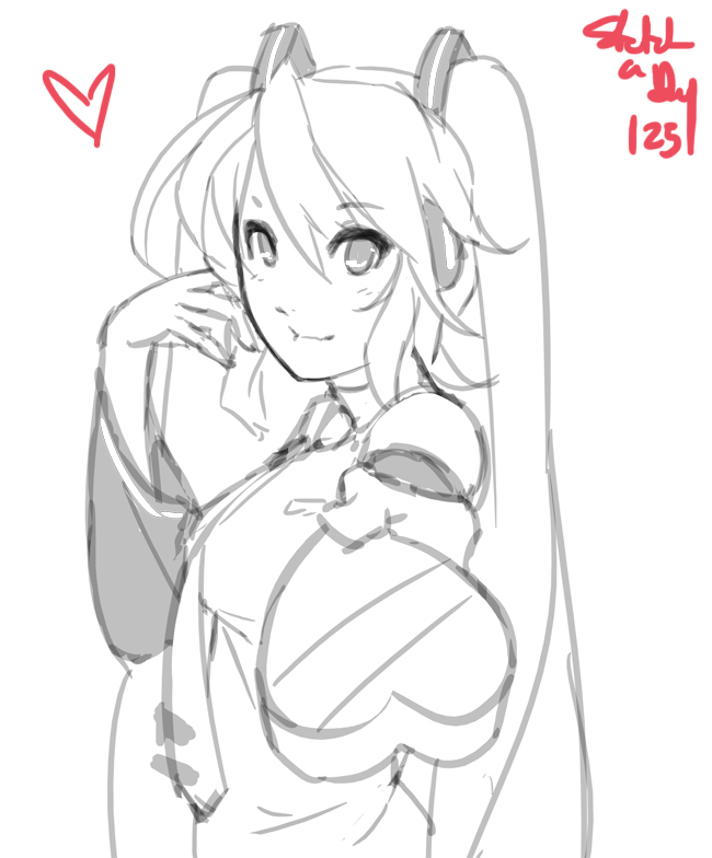 box chocolate eu03 gift hair_over_one_eye hatsune_miku heart heart-shaped_box long_hair monochrome necktie outstretched_hand sketch solo twintails valentine very_long_hair vocaloid
