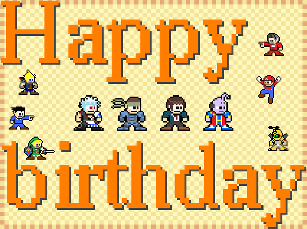 1boy alien bandanna blonde_hair blue_hair buster_sword capcom cloud_strife final_fantasy final_fantasy_vii formal game_sprite gintama happy_birthday kyon link male male_focus mario mario_(series) medabots medarot medarots metabee metal_gear metal_gear_(series) metal_gear_solid miles_edgeworth mitsurugi_reiji naruhodou_ryuuichi objection parody phoenix_wright pixel_art rockman solid_snake solo style_parody suit super_mario_bros. suzumiya_haruhi_no_yuuutsu sword the_legend_of_zelda weapon