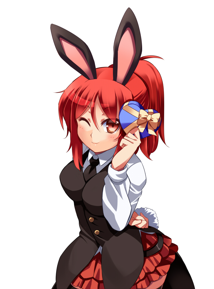 animal_ears arm_behind_back bad_id bad_pixiv_id blush box bunny_ears bunny_tail chibi_(nekomimimi) gift gift_box heart-shaped_box long_hair necktie one_eye_closed original pantyhose ponytail red_eyes red_hair ribbon simple_background smile solo tail tongue valentine white_background