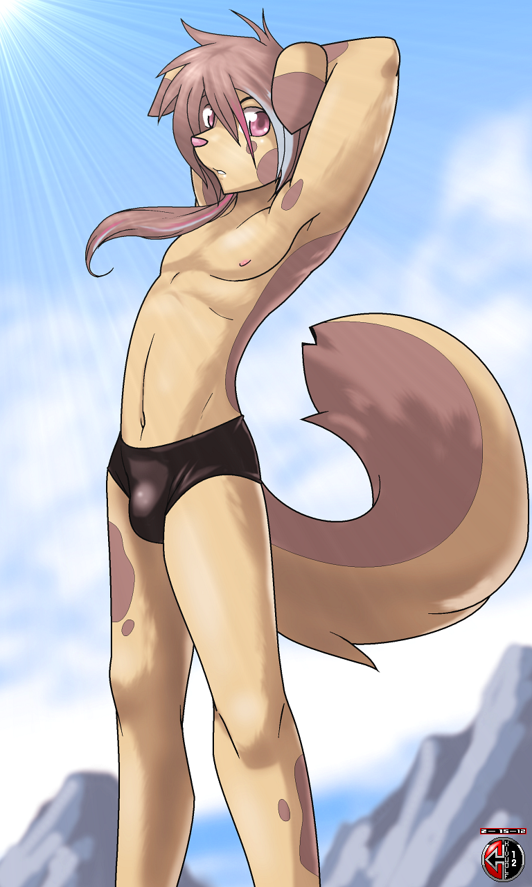 anthro bulge canine dog kivwolf kukki male mammal nipples solo speedo swimsuit topless