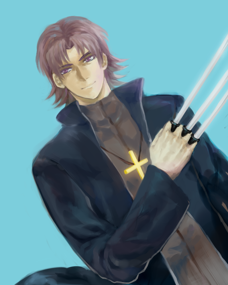 bad_id bad_pixiv_id black_keys brown_hair cassock cross cross_necklace dutch_angle fate/stay_night fate_(series) jewelry kotomine_kirei male_focus necklace purple_eyes simple_background solo xiogun