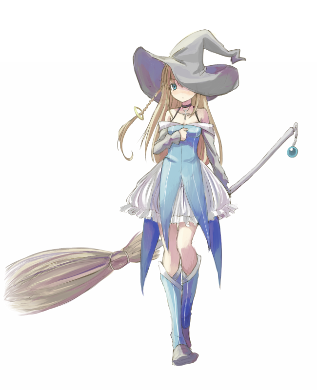 bad_id bad_pixiv_id bare_shoulders blonde_hair blue_eyes braid broom cross hat kyabechi long_hair original simple_background solo white_background witch_hat