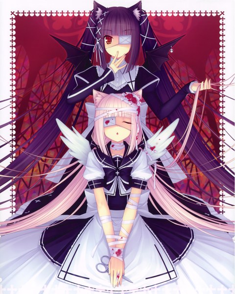 animal_ears black_hair blood cat_ears dual_persona eye_patch eyepatch twintails white_hair