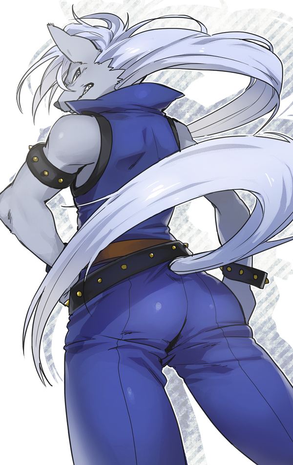belt clenched_teeth hand_on_hip long_hair looking_back male_focus mochizuki_anko pants precure smile_precure! solo teeth werewolf white_background white_hair wolfrun