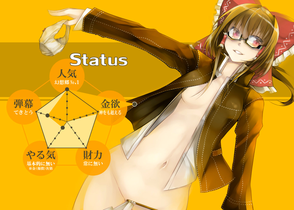 alternate_costume bespectacled bottomless bow breasts brown_hair covering covering_crotch dutch_angle english frills glasses gohei grin groin hair_bow hair_tubes hakurei_reimu holding holding_panties jacket long_hair navel no_bra open_clothes open_jacket open_shirt outstretched_arm panties panties_around_one_finger panties_removed parody persona persona_4 ponytail red_eyes revision semi-rimless_eyewear serizawa_mutsuki shirt small_breasts smile solo stats touhou translated under-rim_eyewear underwear white_panties yellow_background
