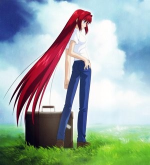 aozaki_aoko clouds grass jeans long_hair red_hair shirt sky