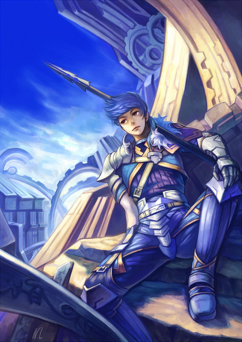 armor blue_hair cu_chulainn_(fate/prototype) earrings fate/prototype fate_(series) gae_bolg highres jewelry kote_(tures) long_hair male_focus polearm ponytail red_eyes scenery solo spear weapon