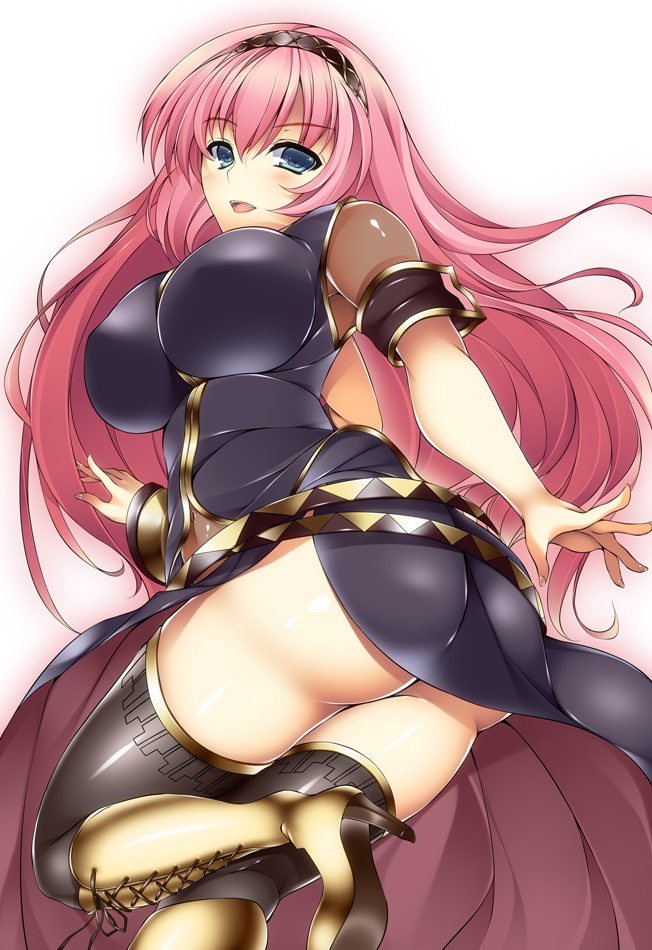 ass black_legwear blue_eyes boots breasts cross-laced_footwear hairband huge_breasts impossible_clothes impossible_shirt lace-up_boots long_hair looking_at_viewer looking_back megurine_luka open_mouth pink_hair shirt simple_background solo thick_thighs thighhighs thighs vocaloid watanuki_kaname