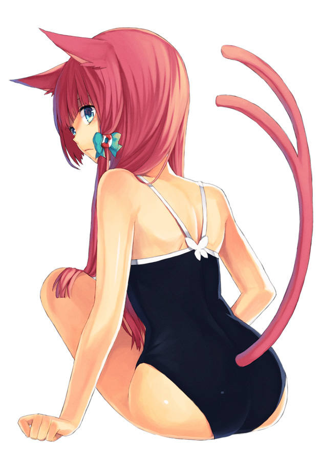 animal_ears ass bare_shoulders blue_eyes bow competition_school_swimsuit forked_tail from_behind hair_bow ichijou_kokona long_hair looking_back midorikawa_you multiple_tails one-piece_swimsuit original pink_hair simple_background sitting solo swimsuit tail tail_through_clothes white_background