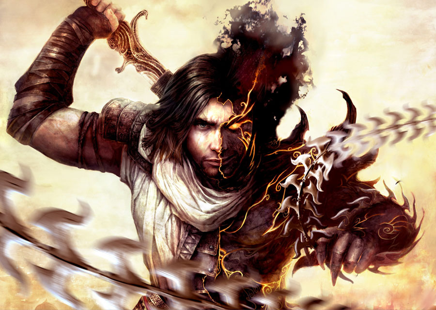 1boy belt dark_persona fighting_stance glowing glowing_eyes highres knife male male_focus prince_(sands_of_time) prince_of_persia sand scarf solo ubisoft weapon