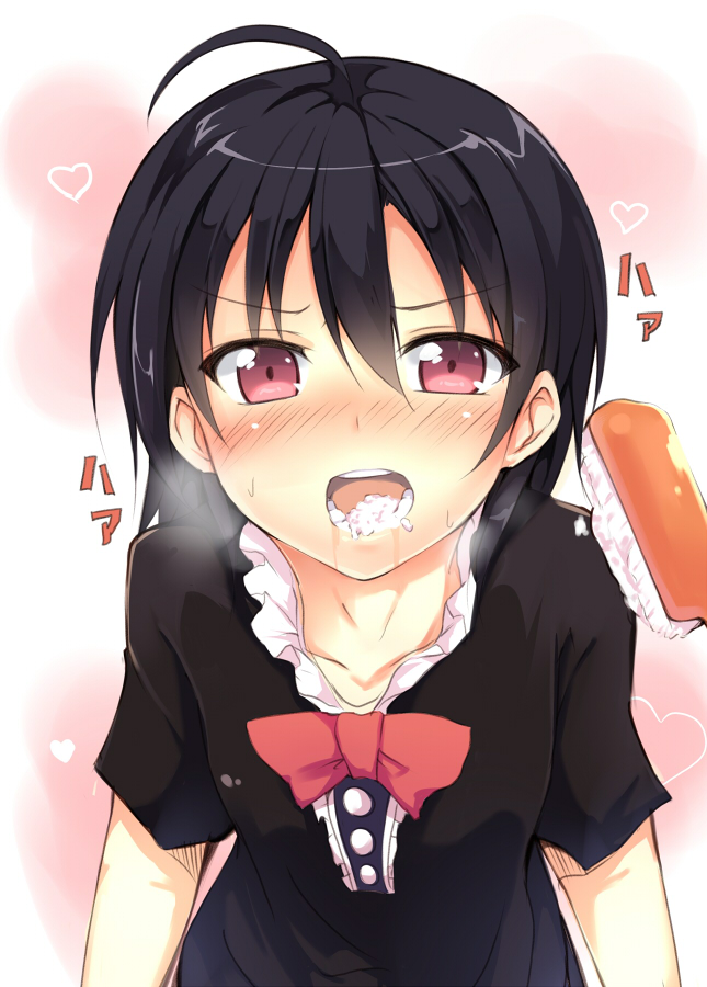 ahoge black_hair blush bow eating heart heavy_breathing houjuu_nue looking_at_viewer madara_hio red_eyes sexually_suggestive short_hair solo toothbrush toothpaste touhou upper_body
